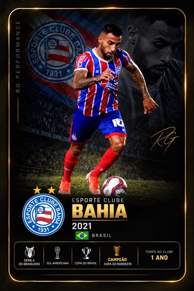 Card Esporte Clube Bahia, 2021, Brasil. Série A do Brasileiro, Sul-Americana, Copa do Brasil e campeão da Copa do Nordeste. Tempo no clube: 1 ano.